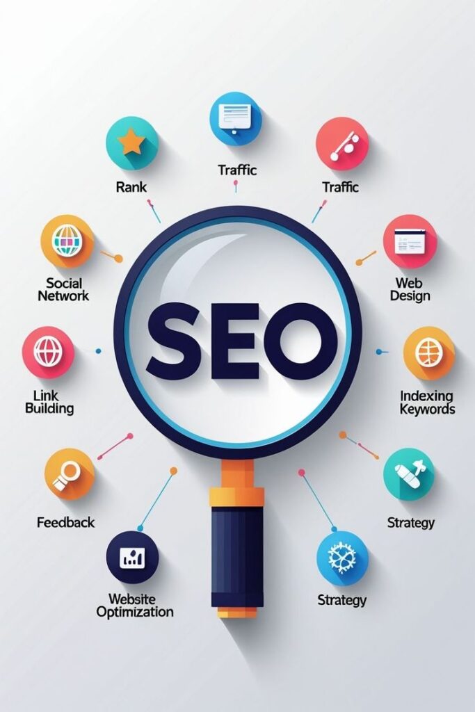 SEO services illustrating website optimization, keyword indexing, link building, traffic growth, and search engine ranking improvement